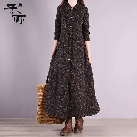 子亦冬装新款宽松小碎花加绒加厚单排扣打底长款衬衫连衣裙图片