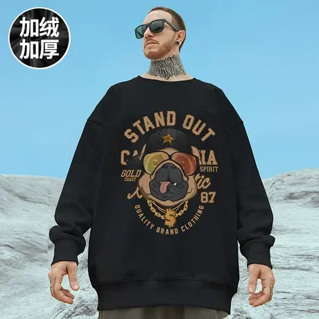 oversize港风圆领卫衣男潮牌ins简约大码男装秋冬季加绒加厚狗头图片