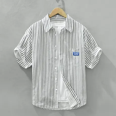 休闲纯棉衬衫男短袖夏季薄款男士宽松条纹商务衬衣全棉寸衫外套潮图片