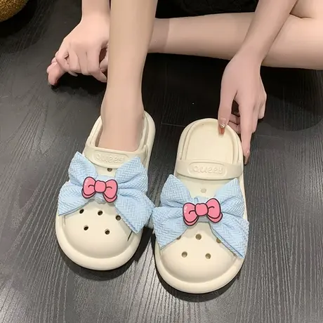 洞洞鞋女外穿夏季2023年新款ins可爱透气踩屎感蝴蝶结包头半拖鞋图片