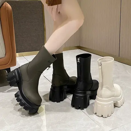 马丁靴女厚底高跟瘦瘦靴2023年新款秋冬季网红法式粗跟超火小短靴图片