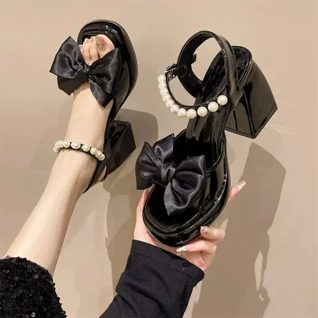 时装凉鞋女2024年夏季新款时尚仙女风蝴蝶结珍珠一字带粗跟高跟鞋商品大图