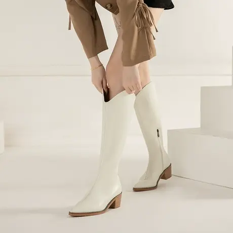 骑士靴女2024年春秋新款粗跟长筒白色冬季小个子英伦风长靴不过膝商品大图