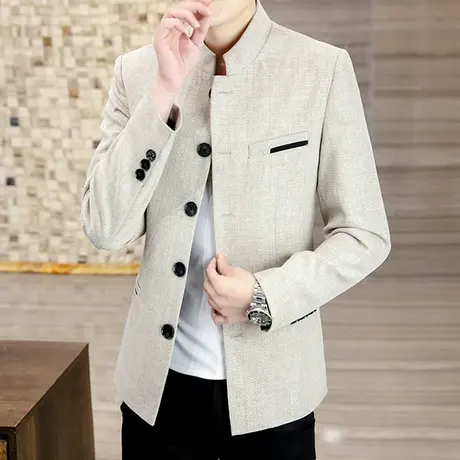 男士立领西装外套潮流韩版帅气中山服上衣成熟稳重男装西服式夹克图片