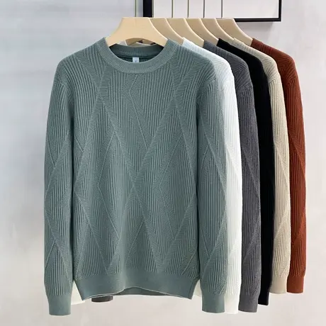 菱形提花圆领毛衣男秋冬2023新款男装潮流外穿男士长袖针织打底衫商品大图