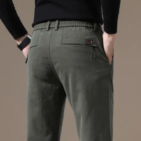 军绿色休闲长裤子男士修身小脚小直筒西裤中年爸爸装秋季冬季弹力商品大图