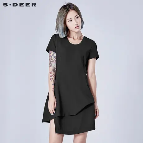 sdeer圣迪奥女装夏装纯黑不规则束腰线条分割短袖连衣裙S16281293图片