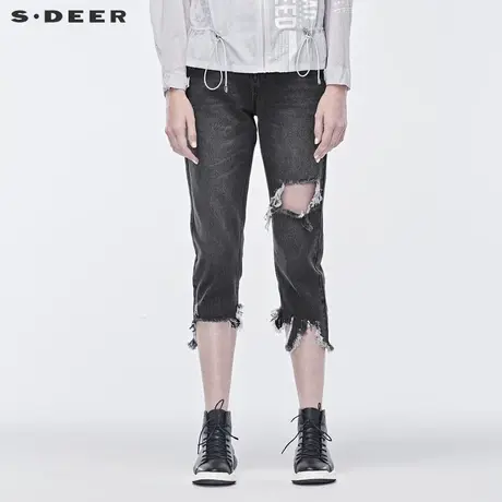 sdeer 圣迪奥休闲做旧磨破不规则毛边牛仔小脚裤S19180823商品大图