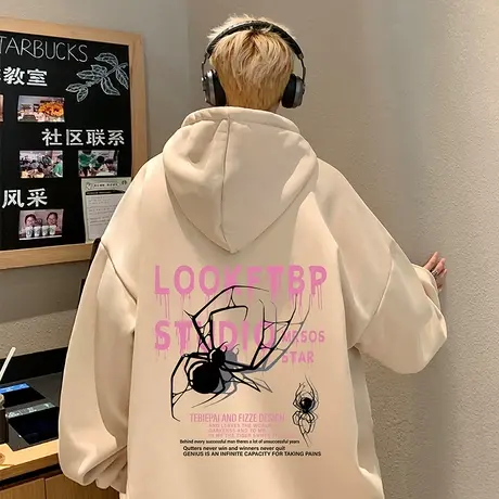 加绒加厚纯棉重磅hiphop蜘蛛连帽卫衣男女春秋季宽松情侣男生外套图片
