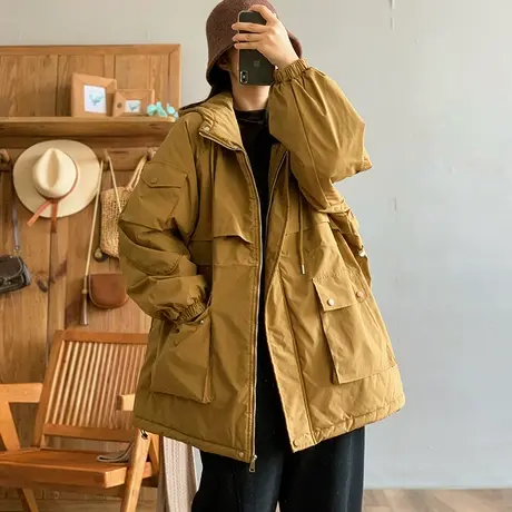 dza 复古宽松中长款大口袋棉服外套女冬季新款加厚连帽棉衣上衣女图片