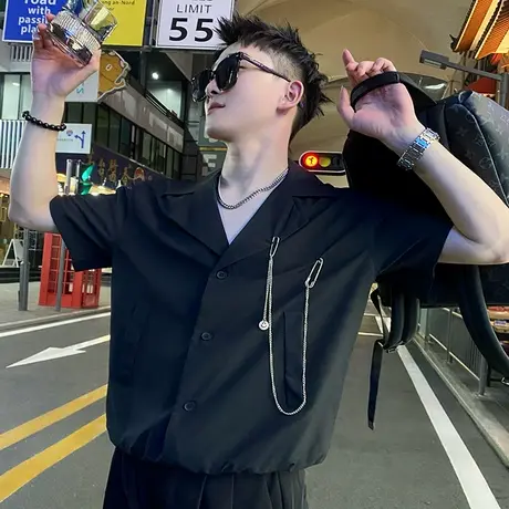 夏季短袖衬衫男新款潮流个性痞帅设计潮男街头网红半袖发型师衬衣商品大图