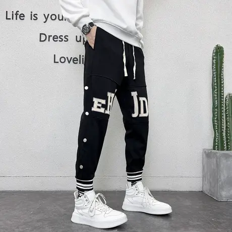 休闲裤男春秋季潮牌时尚印花排扣网红运动哈伦裤潮男痞帅束脚卫裤商品大图