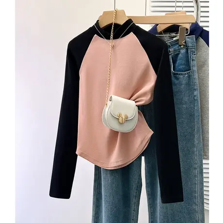 美式复古粉色插肩bm风长袖T恤女chic港风潮流百搭短款上衣秋季潮商品大图