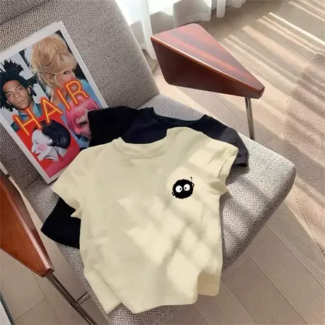 多巴胺温柔风！2024夏季新款圆领短袖t恤女正肩甜辣百搭休闲上衣商品大图