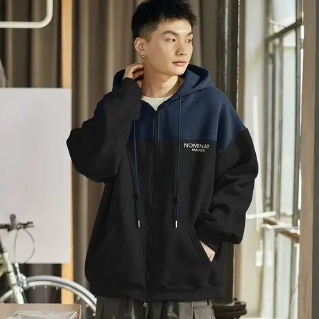 唐狮春秋季开衫卫衣男士拼接宽松薄款外套男生连帽上衣潮运动商品大图