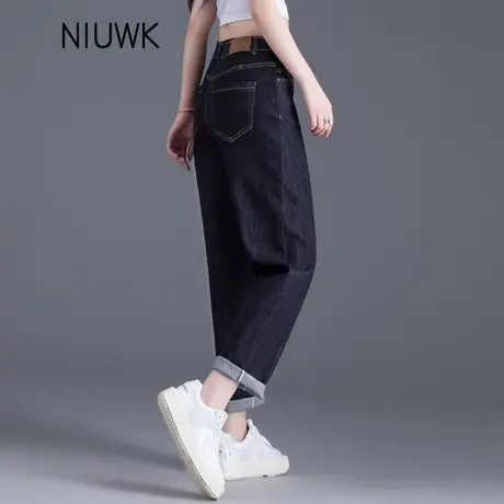 蓝色牛仔裤女春秋季2025新款高腰宽松萝卜哈伦裤不掉色裤子九分裤商品大图