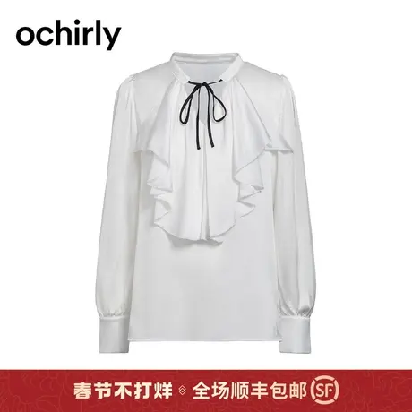 系带法式荷叶领衬衫女 ochirly欧时力2024新款春装上衣褶皱宽松商品大图