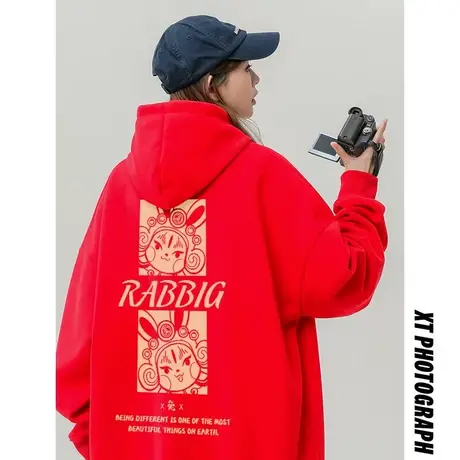 红色卫衣女秋冬季加绒加厚ins潮牌国潮宽松兔年本命年上衣服外套商品大图