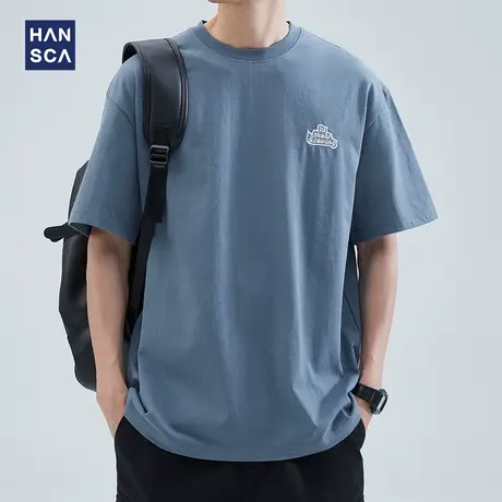 hansca 美式280g重磅短袖t恤男纯色潮牌宽松夏季休闲大码印花上衣商品大图