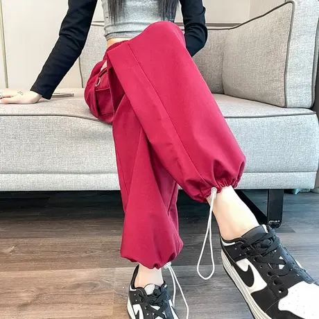 红色美式工装裤女2024春秋新款高腰显瘦宽松休闲直筒束脚运动裤子商品大图