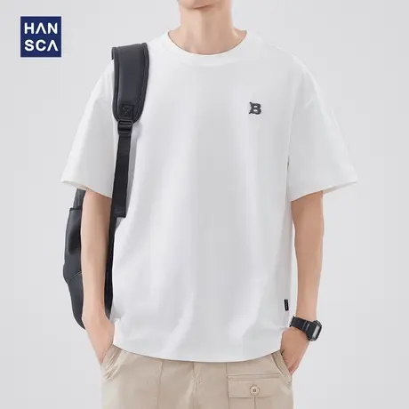 hansca 美式圆领短袖T恤男夏季新款简约潮牌字母刺绣廓形休闲上衣商品大图