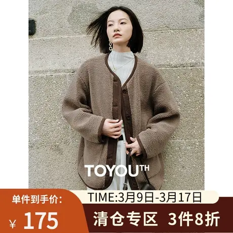 TOYOUTH初语加绒加厚保暖外套女2023冬季新款复古拼接圆领棉衣商品大图