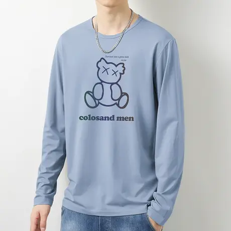 莫代尔长袖t恤男蓝色上衣服秋季小衫小熊印花潮流内搭打底衫秋衣商品大图