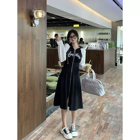 大码女装长袖连衣裙女春秋季新款胖MM收腰显瘦连帽卫衣裙200斤潮图片