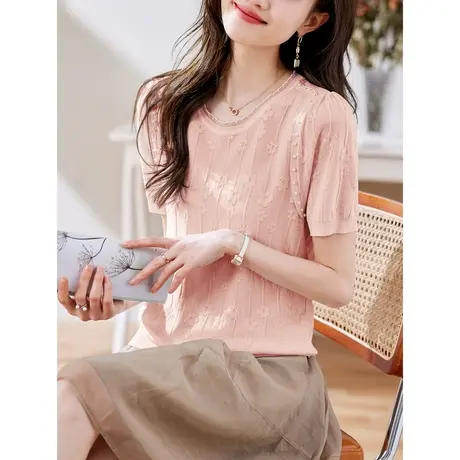 时尚气质淑女针织衫2023年春季新款温柔甜美宽松圆领显瘦通勤短袖商品大图