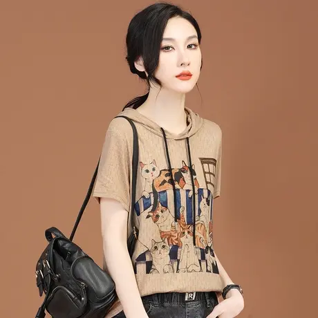 韩潮袭人猫咪印花连帽短袖t恤女2023夏装新款上衣设计感小众体恤商品大图