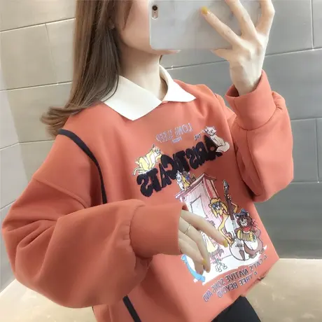 2023春款新款韩版Polo领假两件卫衣女卡通印花长袖时尚上衣商品大图