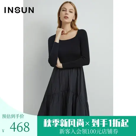 恩裳2023年早春新品方领收腰大摆假两件黑色针织连衣裙女图片