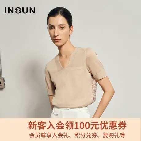 恩裳夏季时尚字母印花宽松休闲v领薄款冰丝针织衫女短袖商品大图