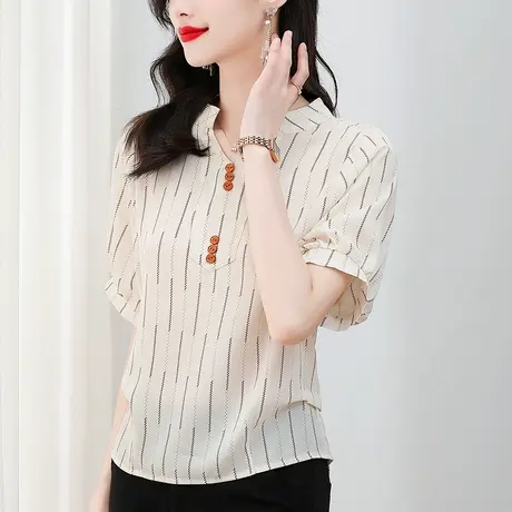 条纹短袖衬衣女2023夏季新款V领小衫宽松显瘦百搭韩版雪纺女上衣图片