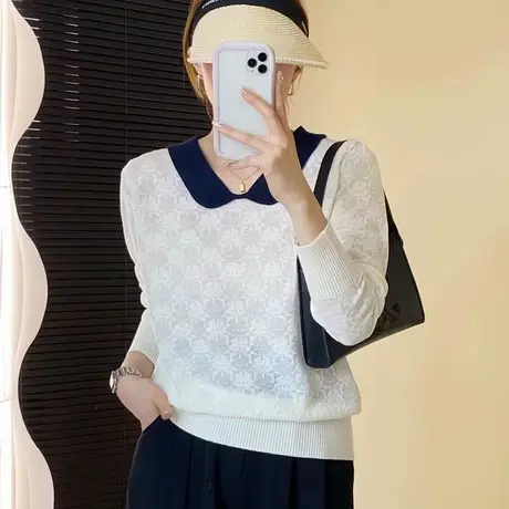 秋装2023年新款娃娃领拼色长袖薄款针织打底衫内搭减龄春秋毛衣女图片