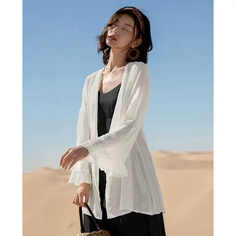 白色中长款冰丝雪纺开衫防晒衣薄款女夏吊带裙外搭罩衫外套薄纱图片