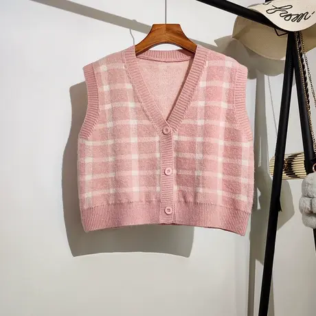 格子针织马甲开衫女春秋新款宽松短款学院风无袖坎肩毛衣背心外套商品大图