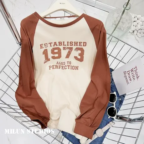 chic复古美式字母插肩袖上衣早秋新款韩国东大门长袖T恤包臀大码商品大图