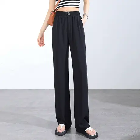 时尚新款窄版阔腿裤2023夏季松紧腰直筒裤女显瘦百搭拖地休闲长裤商品大图