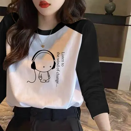 插肩袖长袖t恤女秋季网红薄款防晒衣宽松大版卡通拼色上衣打底衫商品大图
