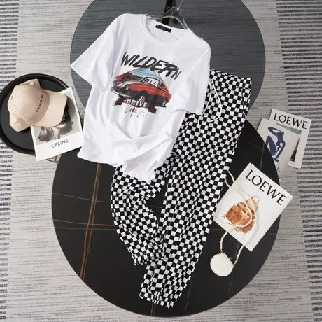 纯棉港风运动服套装女2023新款夏季宽松短袖长裤小个子休闲两件套商品大图