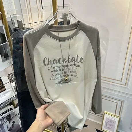 双面德绒打底衫女2023新款洋气宽松加厚插肩袖磨毛长袖t恤秋冬季商品大图