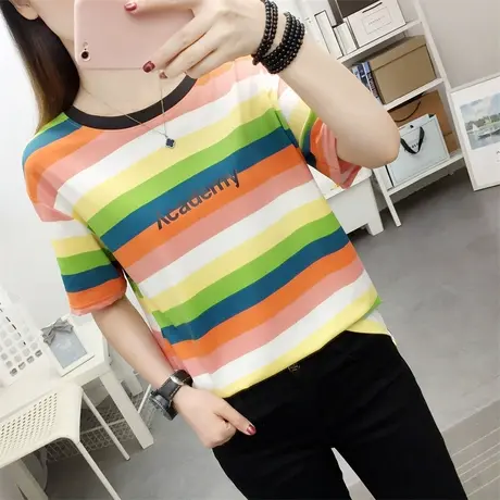 彩虹条纹T恤女夏季短袖春装2022新款宽松圆领体恤小众上衣服学生商品大图