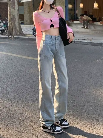 设计感浅色阔腿牛仔裤女2023秋冬季新款宽松高腰直筒裤子2023春装商品大图