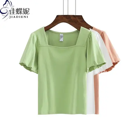 夏季纯白新款修身显瘦短款方领短袖上衣体恤网红同款打底女装T恤商品大图
