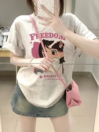 灰色纯棉重磅短袖t恤女夏季小众设计感oversize美式复古半袖上衣商品大图