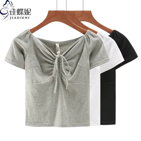 夏季新款韩版一字领修身纯棉纯色抽绳短款短袖体恤上衣内搭女打底商品大图