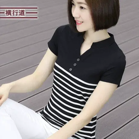 2023女装夏装条纹t恤女立领妈妈复古上衣半袖莫代尔v领短袖女大码商品大图