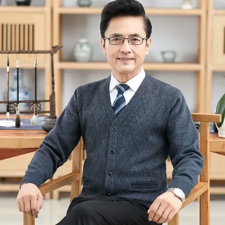 毛衣开衫男士秋冬季爸爸装V领针织外套上衣爷爷中老年人加厚新款商品大图