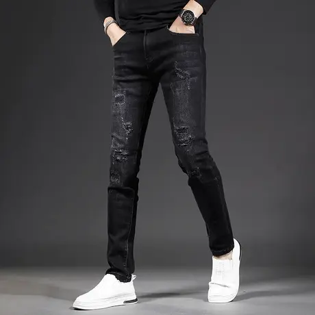 秋季高街破洞牛仔裤男修身小脚2023新款黑色潮牌潮流补丁男士裤子图片